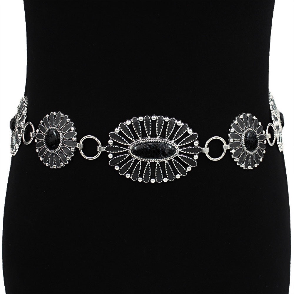 Silver & Black Boho Vintage Western Stone Concho Statement Belt